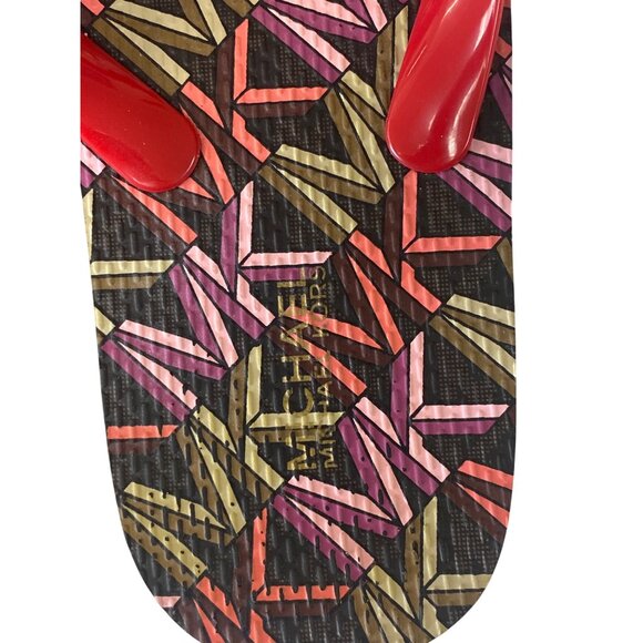Michael Kors Womens Red & Multicolor Flip-Flops With Gold MK Logo Size 8 - Picture 8 of 9
